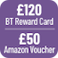 £120 BT Reward Card and a £50 Amazon Voucher