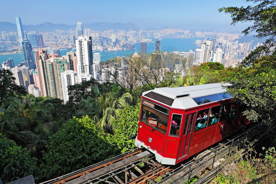A tourist tram travelling up to Hong Kong's Peak