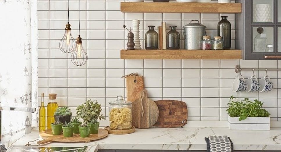 Kitchen with lights on