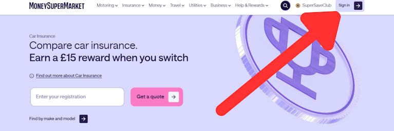 MoneySuperMarket Homepage with Arrow pointing to sign in