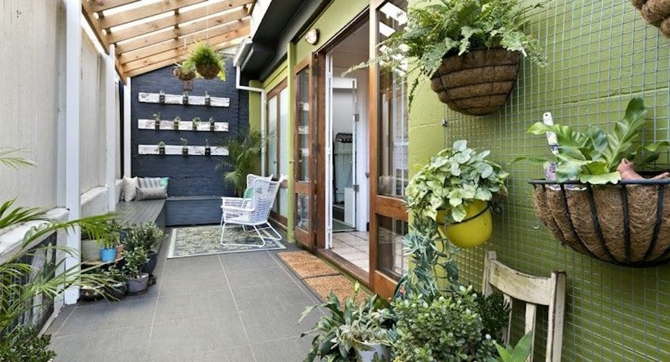 Patio garden with hanging baskets