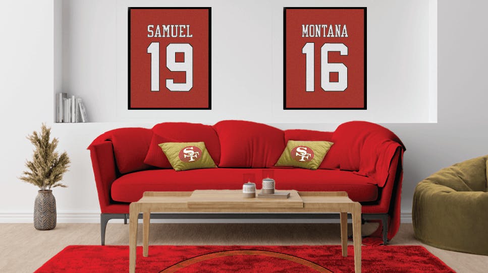 Living room filled with sports memorabilia