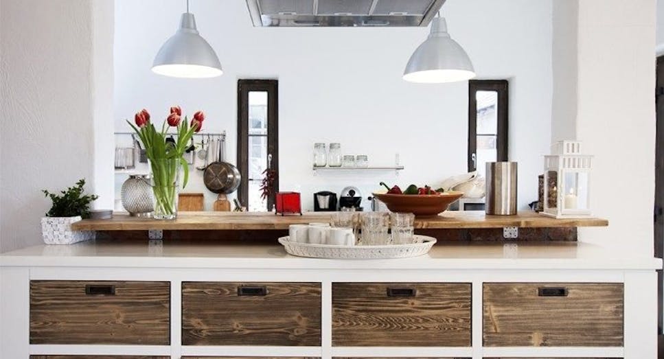 Kitchen with lights on
