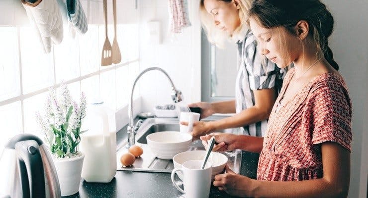 Mother and child baking in kitchen