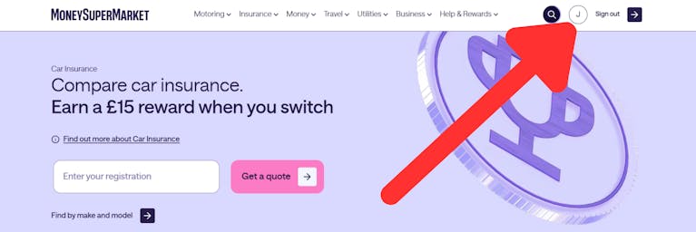 MoneySuperMarket Homepage with Arrow pointing to policy hub