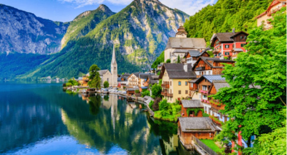 Hallstatt, Austria. Mountain village in the Austrian Alps at sunrise.