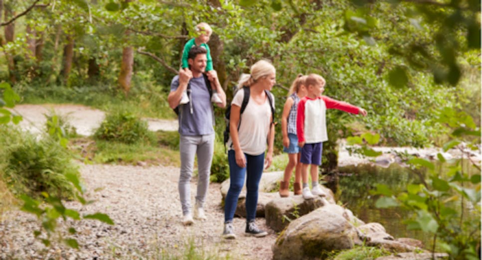 Family of 5 on holiday with trees in the background