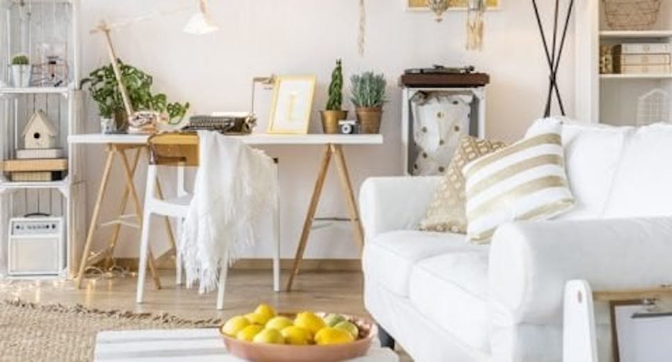 Living room with lights on