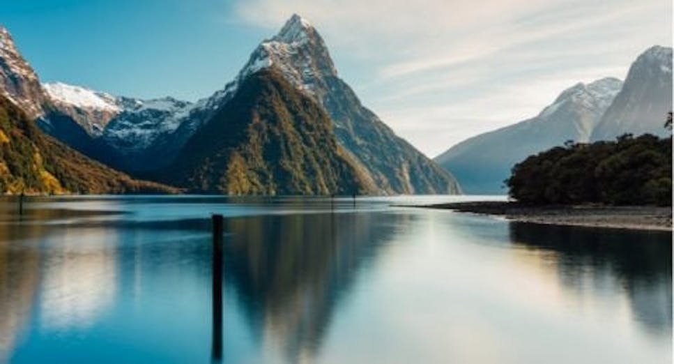Early sunrise at Mitre Peak in Milford Sound, New Zealand