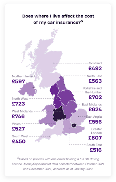 A map showing the impact of where you live on the cost of car insurance. Greater London is the highest.