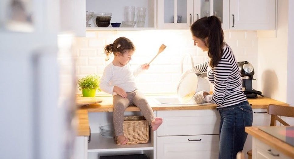 Woman and daughter cooking in kitchen