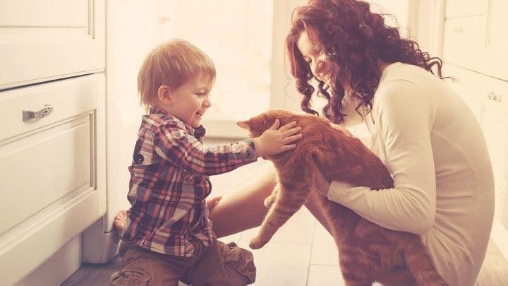 mother and son holding cat