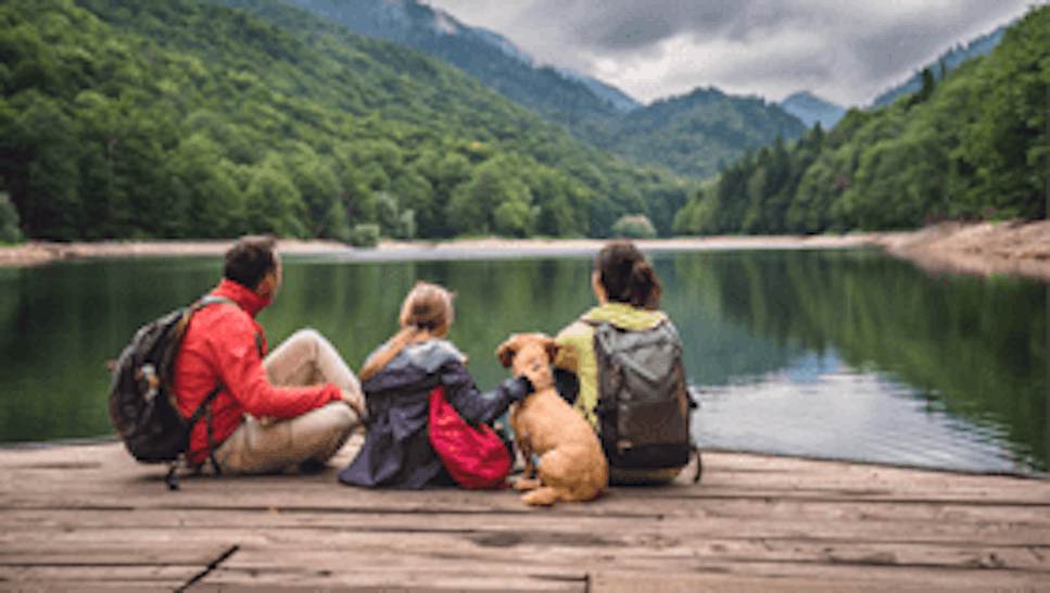 A family with a dog sitting on the edge of a lake and looking at the scenery