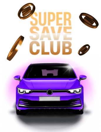 Super Save Club lettering with car