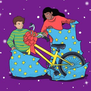 An illustration of a girl and boy unwrapping a yellow bike