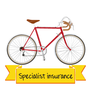 Red racing bicycle with a yellow banner saying 'specialist insurance' underneath.