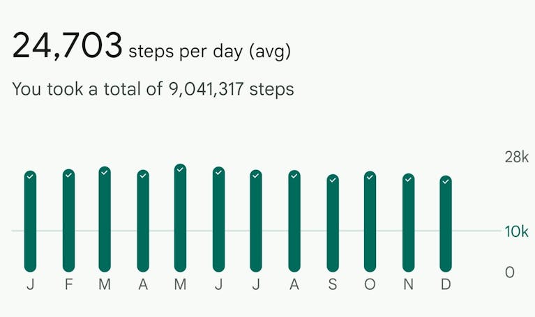 Screenshot from a mobile app showing Martin's 24,703 average total steps a day. A bar chart displays Martin's monthly performance, while text reads