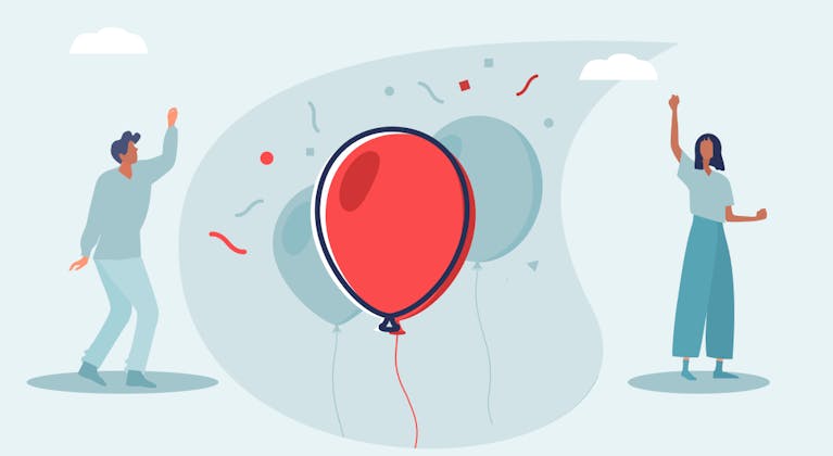 A graphic illustration of balloons. A man and woman stand on either side, raising their arms in celebration.