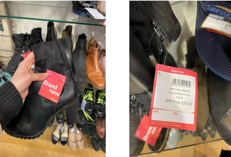 A pair of boots from British Heart Foundation. The tag shows that the original price is £74, but being sold for £37.