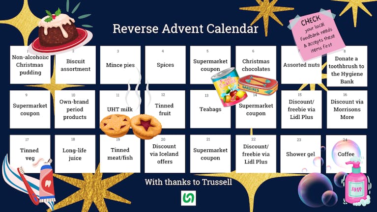 An Advent calendar with navy blue background, white boxes and bright illustrations of food items. Each day suggests different items to donate to a foodbank, such as mince pies, tinned fruit, teabags and shower gel.