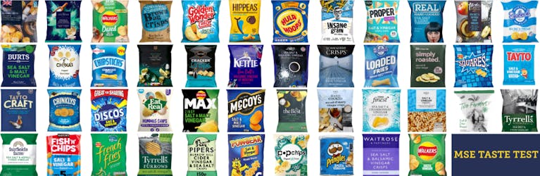 An image showing all 46 types of crisps we tasted. They were: Aldi Sea Salt & Chardonnay Vinegar, Asda Extra Special Sea Salt & Chardonnay Wine Vinegar, Brown Bag Sea Salt & Malt Vinegar, Burt's Sea Salt and Malt Vinegar Hand Cooked, Burton's Fish 'N' Chi