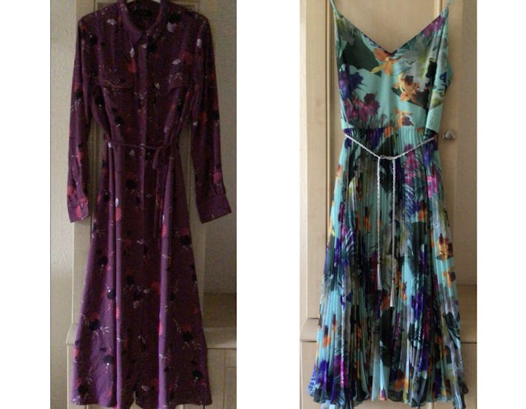 Two images of maxi dresses - one purple, one blue printed with colourful flowers