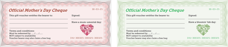 Image showing a red Mother's Day gift cheque next to a green Mother's Day gift cheque