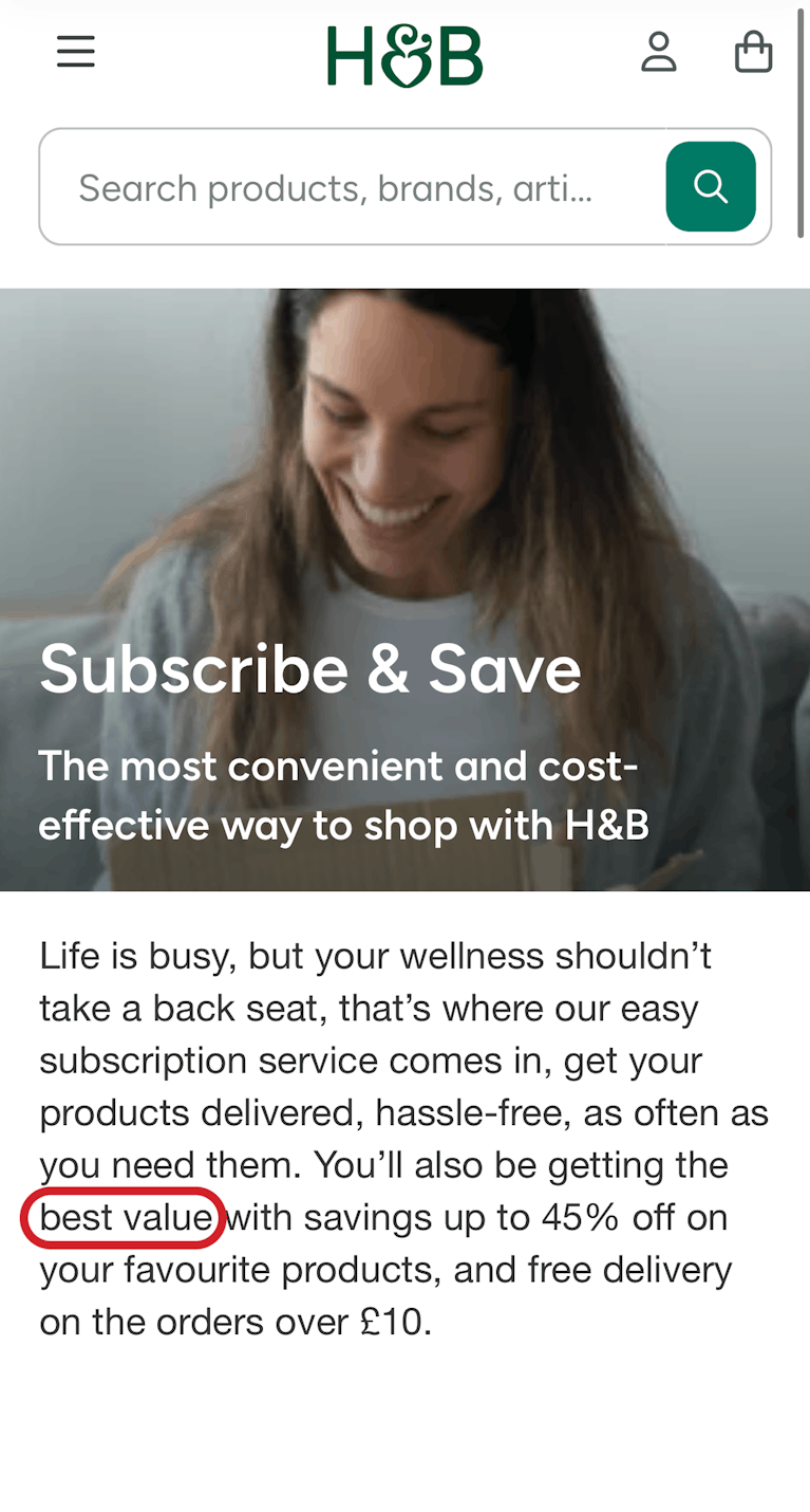 Screenshot of Holland & Barrett's website showing the 'Subscribe & Save' promotional page which includes the phrase: "You'll also be getting the best value"