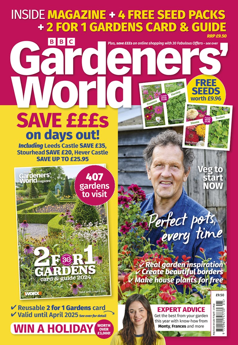 The front cover of the May 2024 edition of Gardeners' World magazine. It references the four free packets of seeds and the 2for1 gardens pass, and also mentions the chance to win a holiday worth over £3,000. The cover's main image is of presenter Monty Do