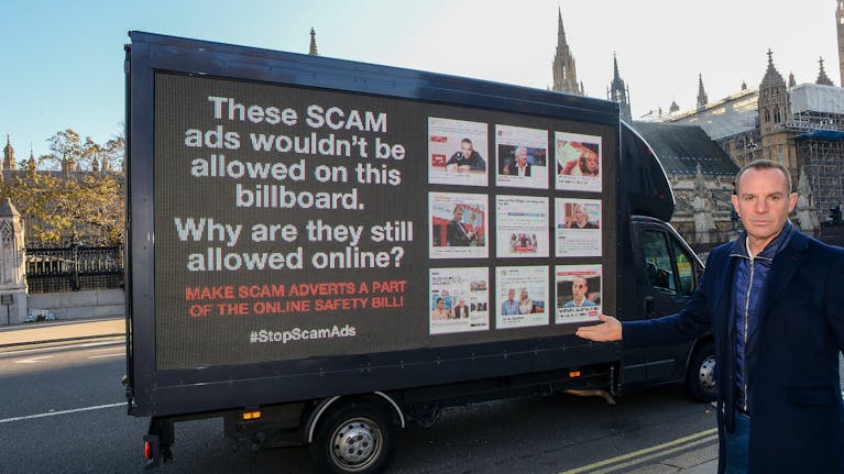Martin Lewis outside Parliament with an advertising van - its display pictures examples of scam ads and says:
