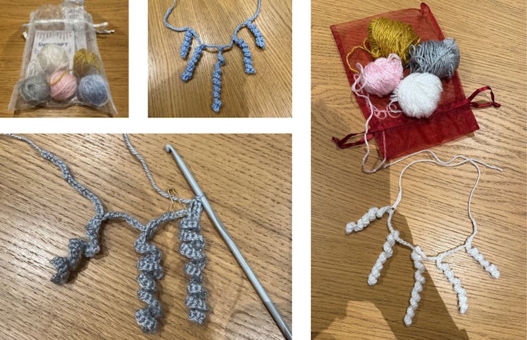 A collage of four images of crochet snowdrift decorations in white and grey