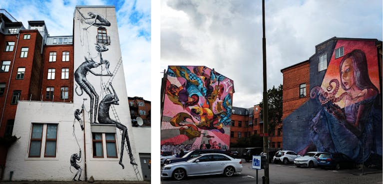 Two photos of street art in Malmo, Sweden. One is of detailed fairy tale figures climbing ladders. Another is of abstract shapes on a pink background. The last is a girl gazing at wonder at an octopus.
