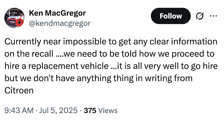 A tweet that says: Currently it is impossible for me to get any definitive information from Citroen. No time when the repair will take place also clarification of reimbursement for a hire car.