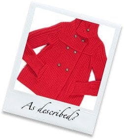 Polaroid of a red jacket with the words "As described?"