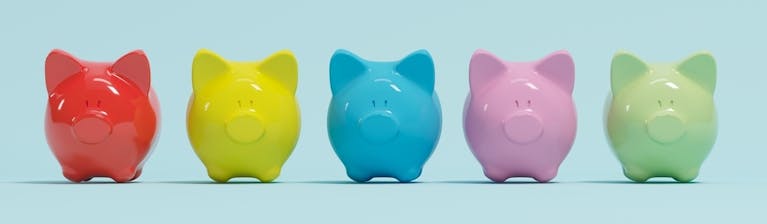Five coloured piggybanks (red, yellow, blue, pink and green) standing in a row