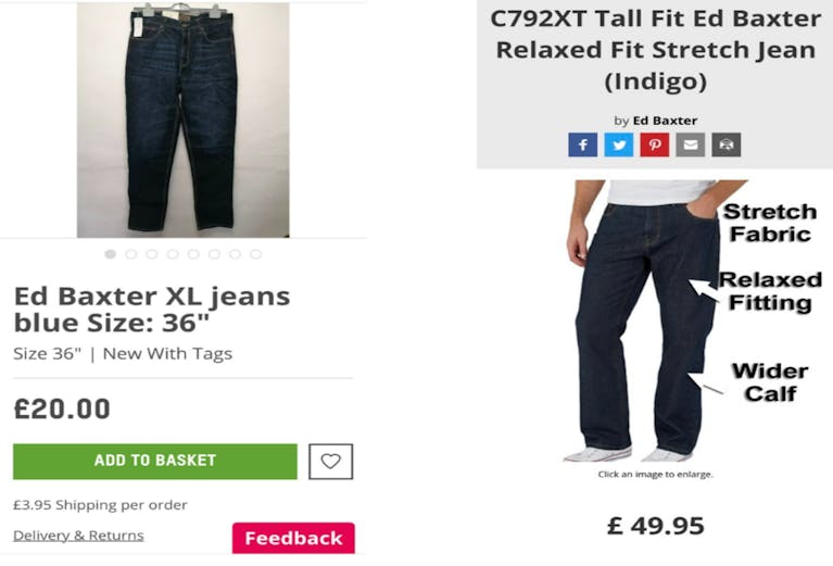 A side by side image of the same jeans sold on Oxfam Shop and John Banks. The brand new jeans cost £20 from Oxfam Shop, but £49.95 from John Banks.