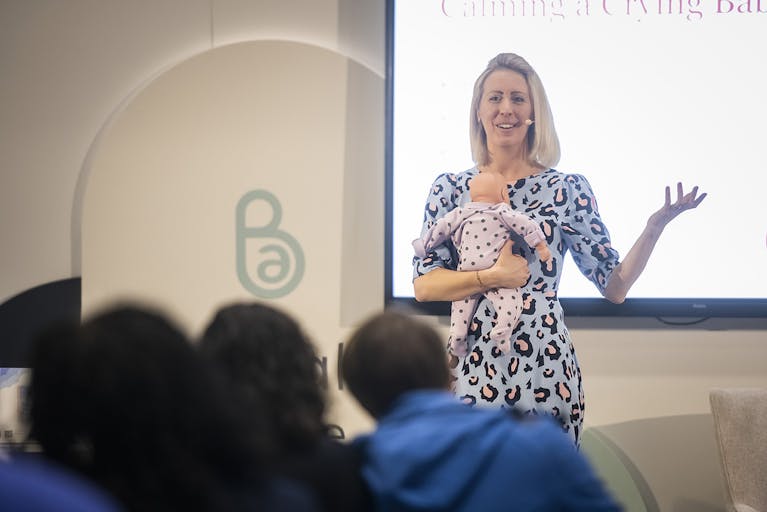 Image of an expert on stage giving a demonstration at a previous Baby Show