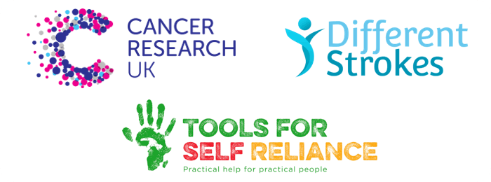 Logos for Cancer Research UK, Different Strokes and Tools for Self Reliance.