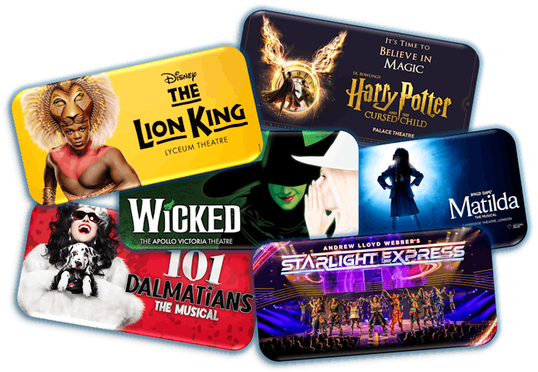 Image showing posters for The Lion King, Harry Potter, Wicked, Matilda, 101 Dalmatians, and Starlight Express