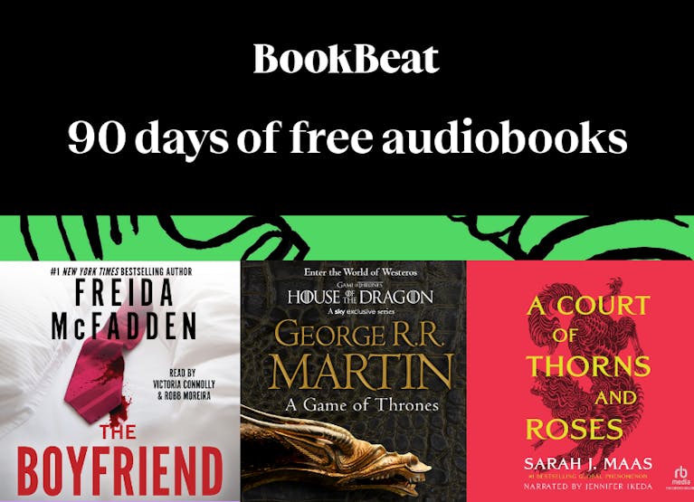 Image shows examples of Bookbeat audiobooks including: The Boyfriend, A Game of Thrones, and A Court of Thorns and Roses