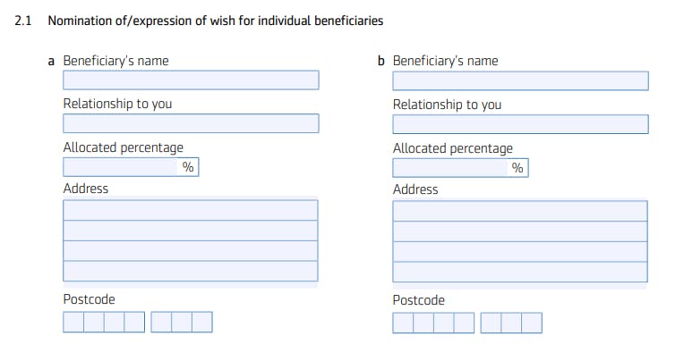 Image shows section 2.1 of Aegon's expression of wish form. The section is titled: "Nomination of/expression of wish for individual beneficiaries". It has fill-in boxes for beneficiary's name, their relationship to you, allocated percentage and postcode.