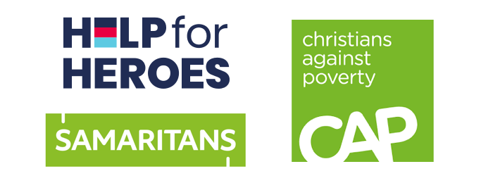 Logos for Help for Heroes, Christians Against Poverty and Samaritans.