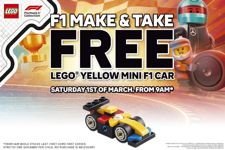 Image of a Smyths toy store poster showing a yellow Lego F1 car