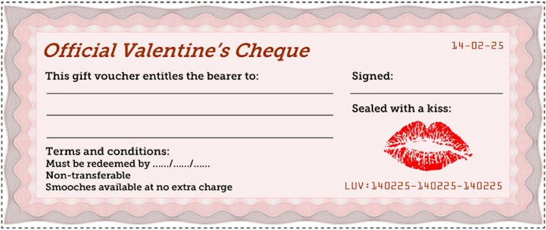 Image of a virtual red cheque featuring the words: "Official Father's Day Cheque. This gift voucher entitles the bearer to:" with lines of space for a gift idea, signature and a term & conditions date.