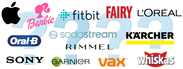 Image with question marks in the background and in the foreground are logos for Apple, Barbie, Fitbit, L'Oreal, Sony and other brands predicted to be included in Prime Day