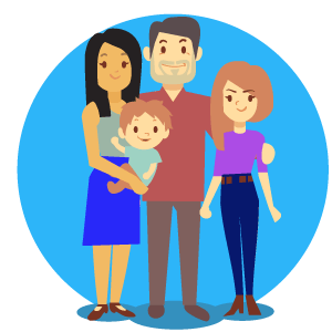 An illustration of a smiling family with a mum, dad, daughter and baby boy