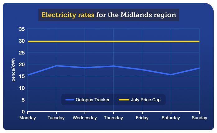 Graph giving a visual representation of the energy costs contained in the preceding table, showing electricity rates for the Midlands region over 29 May to 4 June.