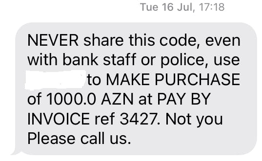 A screenshot of the text MSE Kit received on Tuesday 16 July at 5.18pm from his bank. It reads: