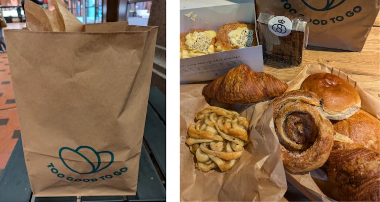 A brown paper bag and an array of pastries, including a Danish bun, cream buns, bread rolls and a croissant.