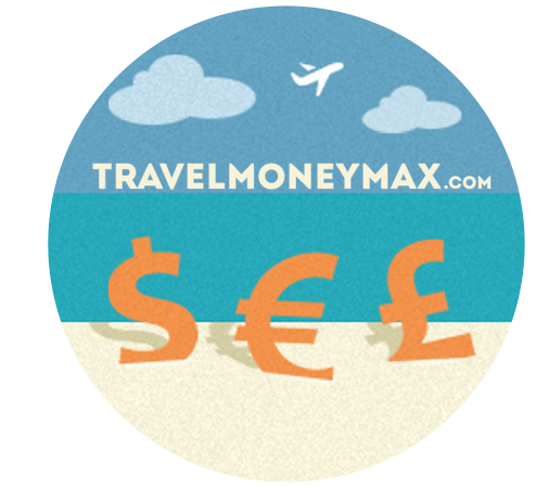 Illustration of a dollar, euro and pound sign on a beach, below the words "TravelMoneyMax.com".